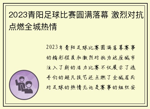 2023青阳足球比赛圆满落幕 激烈对抗点燃全城热情