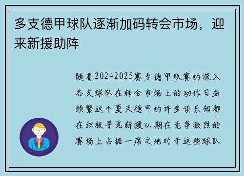 多支德甲球队逐渐加码转会市场，迎来新援助阵