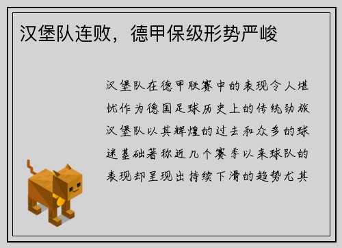 汉堡队连败，德甲保级形势严峻