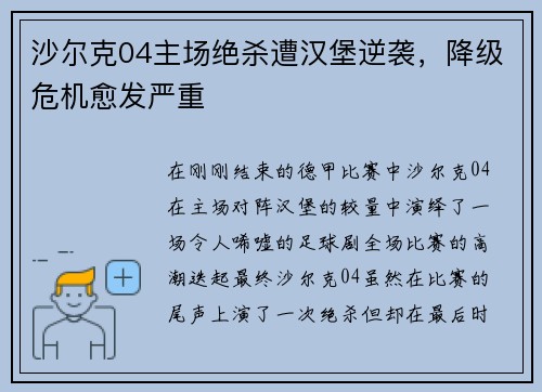 沙尔克04主场绝杀遭汉堡逆袭，降级危机愈发严重