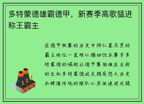 多特蒙德雄霸德甲，新赛季高歌猛进称王霸主