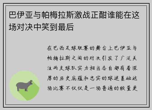 巴伊亚与帕梅拉斯激战正酣谁能在这场对决中笑到最后