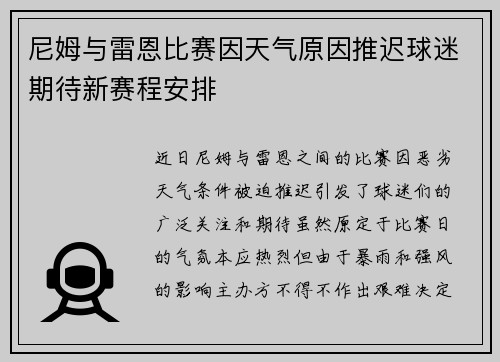 尼姆与雷恩比赛因天气原因推迟球迷期待新赛程安排