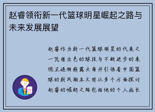 赵睿领衔新一代篮球明星崛起之路与未来发展展望
