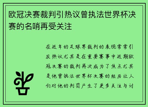 欧冠决赛裁判引热议曾执法世界杯决赛的名哨再受关注