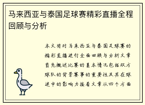 马来西亚与泰国足球赛精彩直播全程回顾与分析