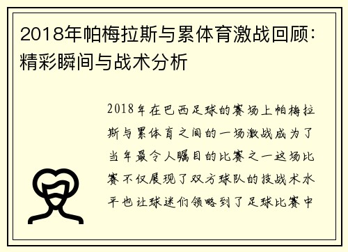 2018年帕梅拉斯与累体育激战回顾：精彩瞬间与战术分析