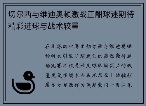 切尔西与维迪奥顿激战正酣球迷期待精彩进球与战术较量