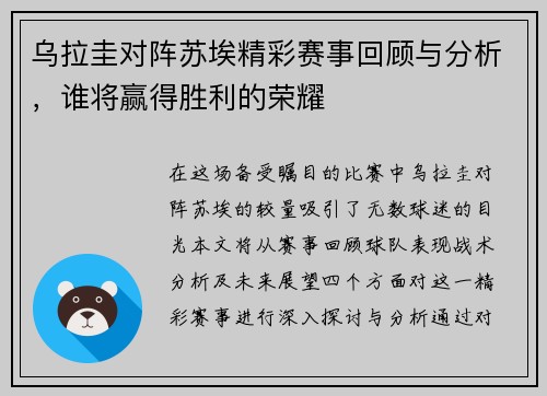 乌拉圭对阵苏埃精彩赛事回顾与分析，谁将赢得胜利的荣耀