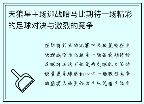 天狼星主场迎战哈马比期待一场精彩的足球对决与激烈的竞争