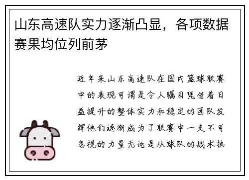山东高速队实力逐渐凸显，各项数据赛果均位列前茅