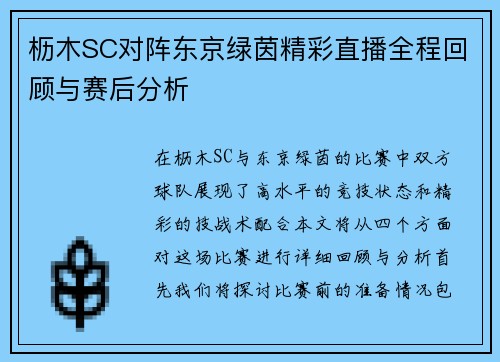 枥木SC对阵东京绿茵精彩直播全程回顾与赛后分析