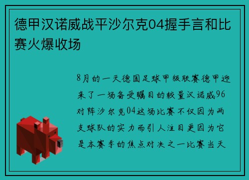 德甲汉诺威战平沙尔克04握手言和比赛火爆收场