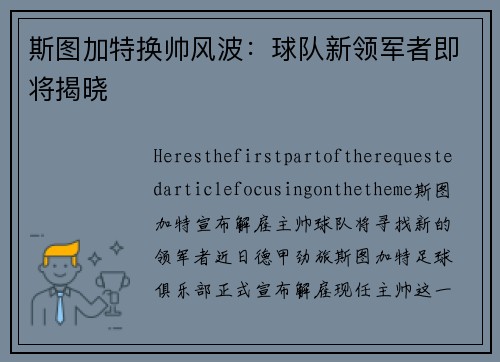 斯图加特换帅风波：球队新领军者即将揭晓
