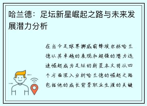哈兰德：足坛新星崛起之路与未来发展潜力分析