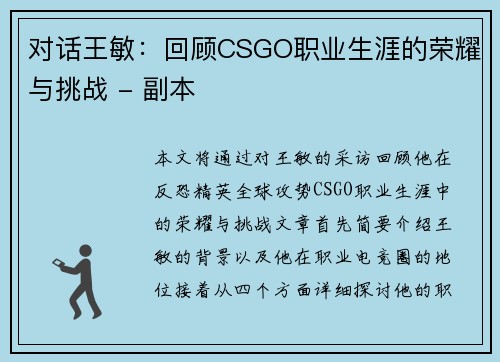 对话王敏：回顾CSGO职业生涯的荣耀与挑战 - 副本