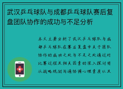 武汉乒乓球队与成都乒乓球队赛后复盘团队协作的成功与不足分析